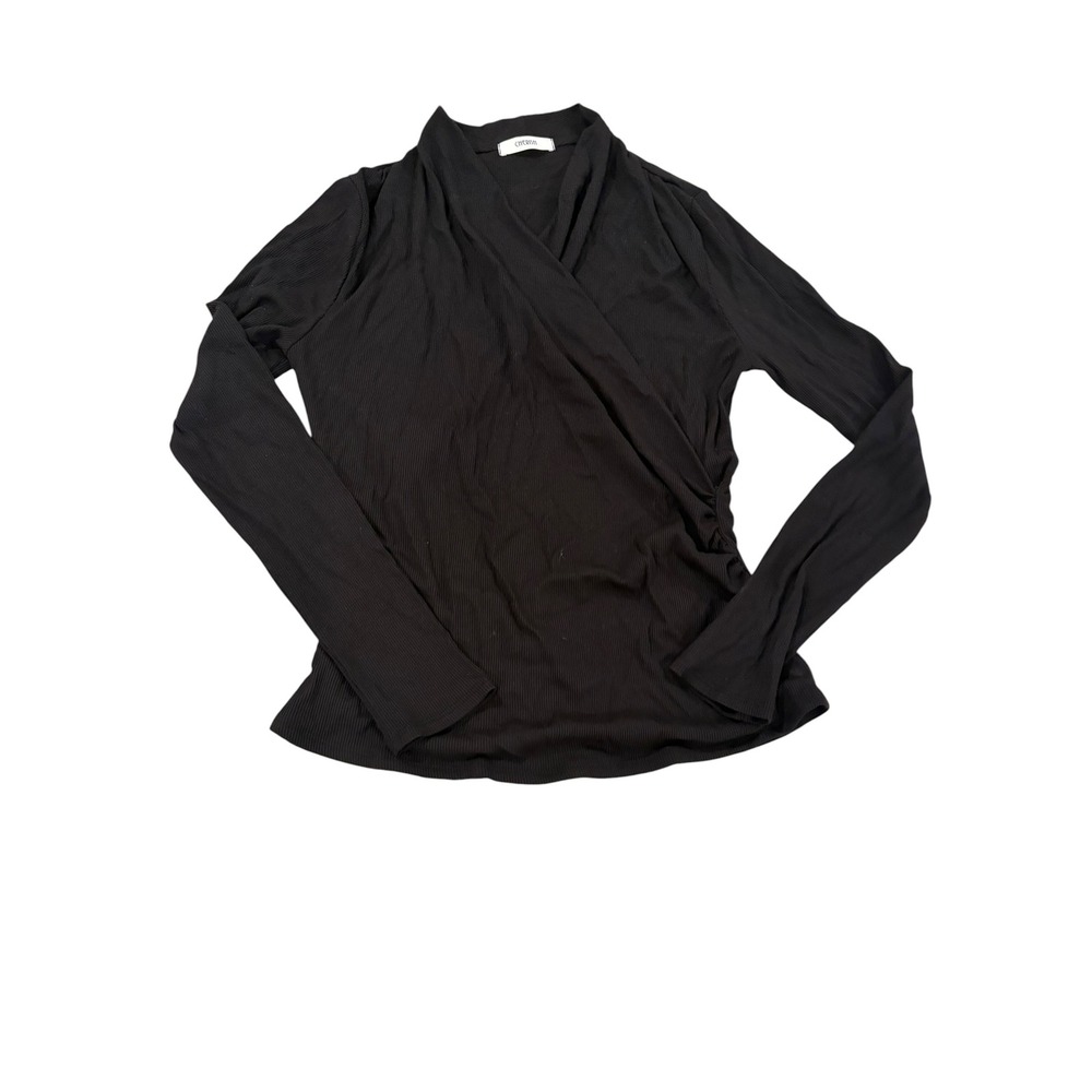 Cherish Womens Ribbed Wrap Top Long Sleeve Black Surplice T24288 Size M